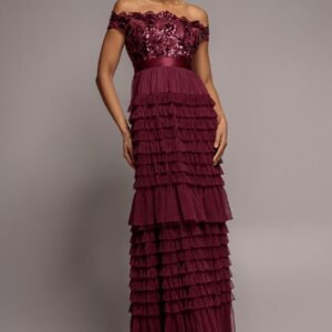 Goddiva Scallop Bardot Ruffle Mesh Maxi - Burgundy