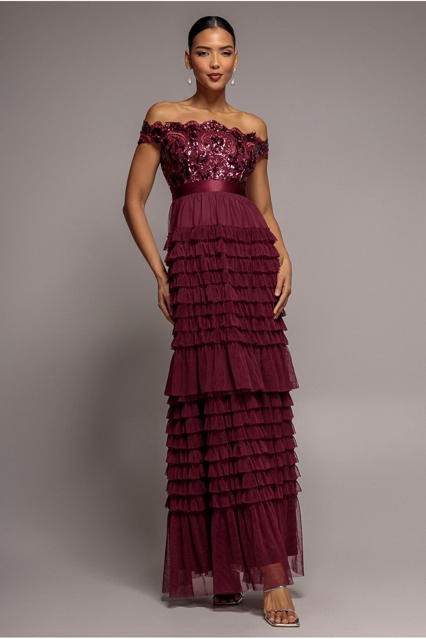 Goddiva Scallop Bardot Ruffle Mesh Maxi – Burgundy