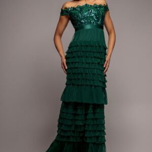 Goddiva Scallop Bardot Ruffle Mesh Maxi - Emerald Green