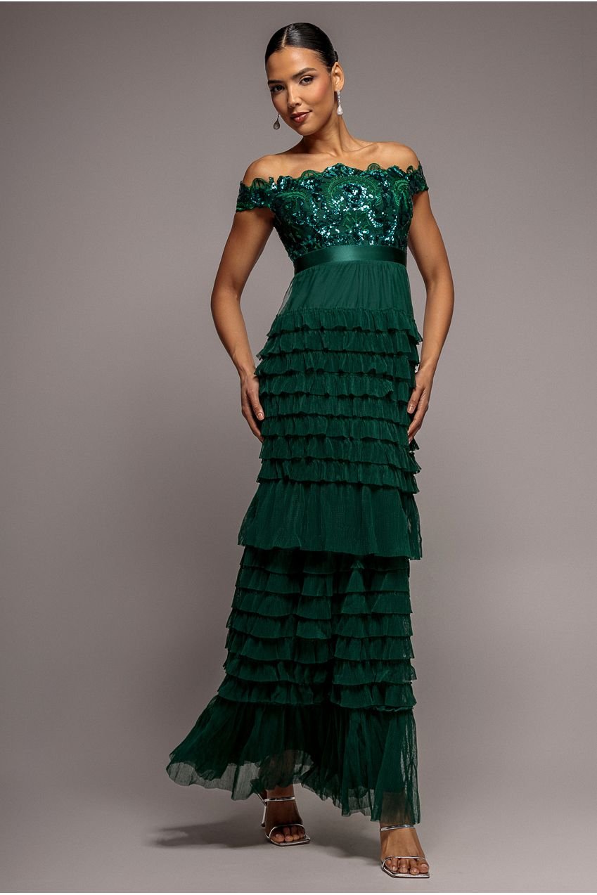 Goddiva Scallop Bardot Ruffle Mesh Maxi – Emerald Green
