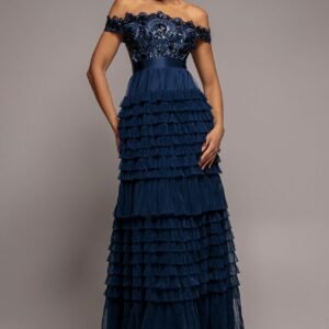 Goddiva Scallop Bardot Ruffle Mesh Maxi - Navy
