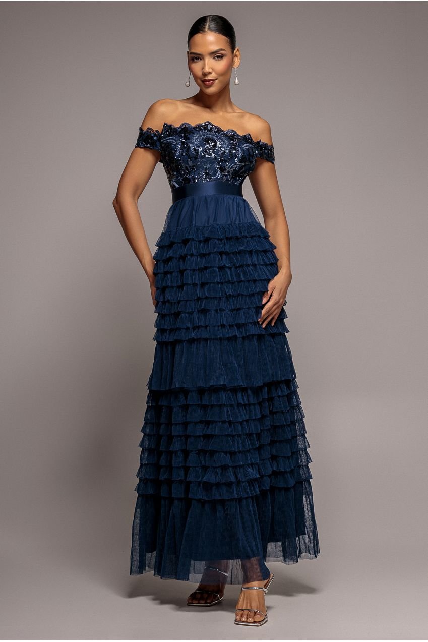 Goddiva Scallop Bardot Ruffle Mesh Maxi – Navy