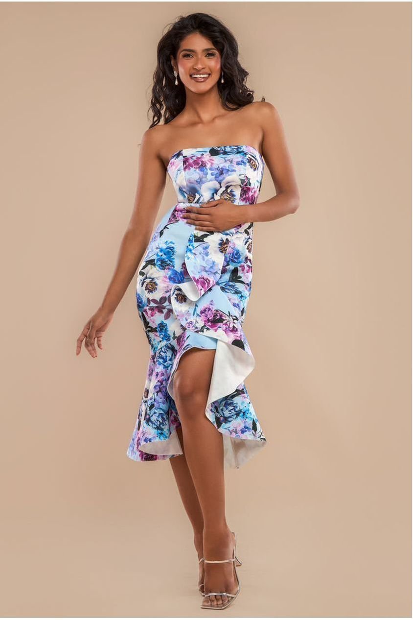 Goddiva Ruffled Floral Scuba Foam Bandeau Midi Dress – Blue