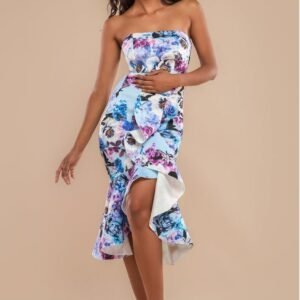 Goddiva Ruffled Floral Scuba Foam Bandeau Midi Dress - Blue