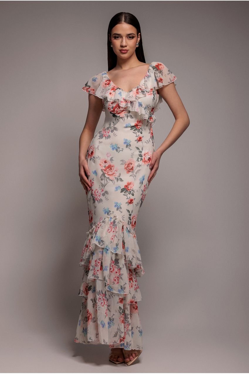 Goddiva Floral Printed Chiffon Ruffle Maxi – Cream