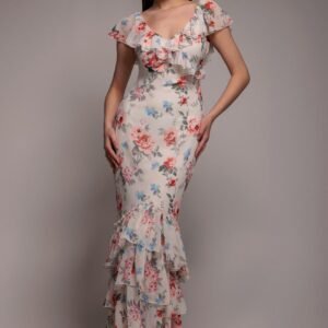 Goddiva Floral Printed Chiffon Ruffle Maxi - Cream