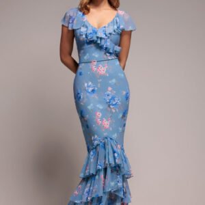 Goddiva Floral Printed Chiffon Ruffle Maxi - Blue