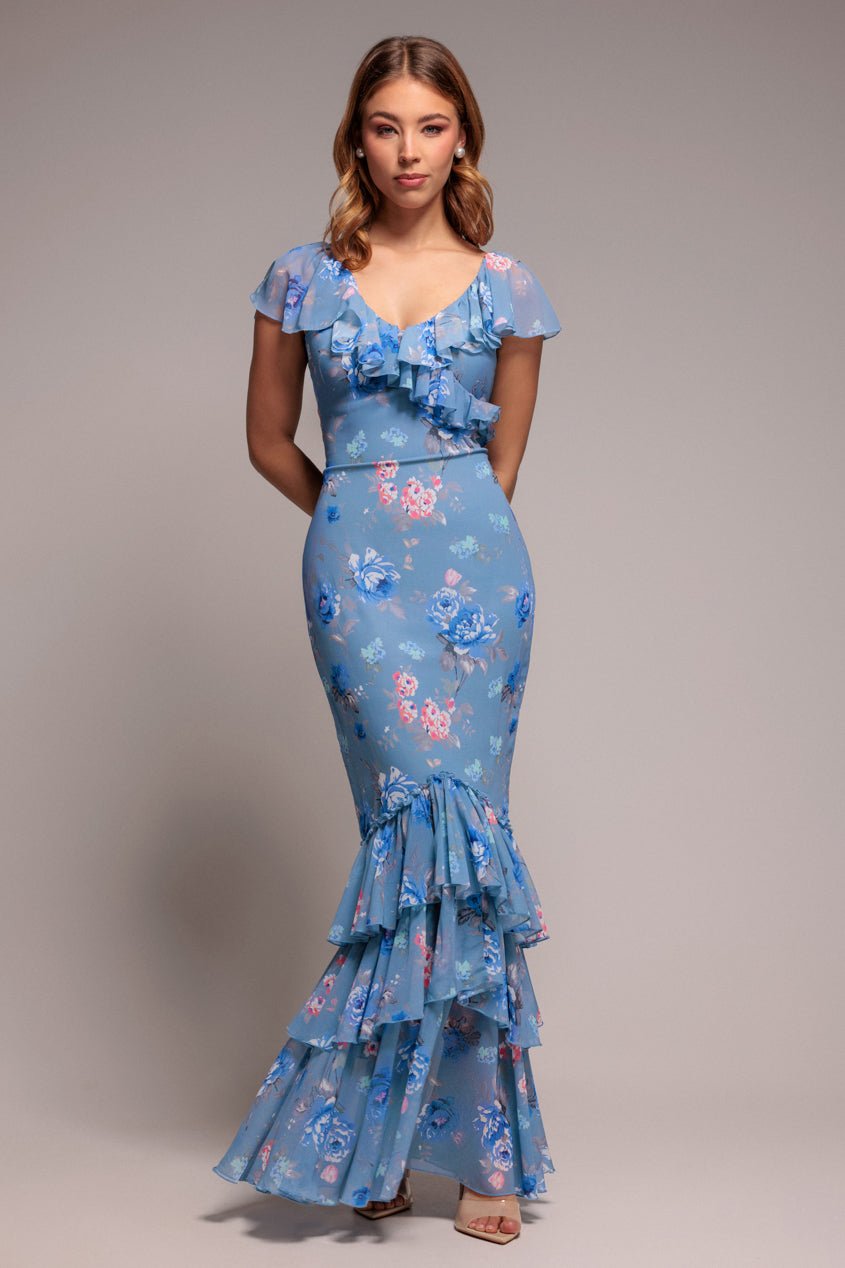 Goddiva Floral Printed Chiffon Ruffle Maxi – Blue