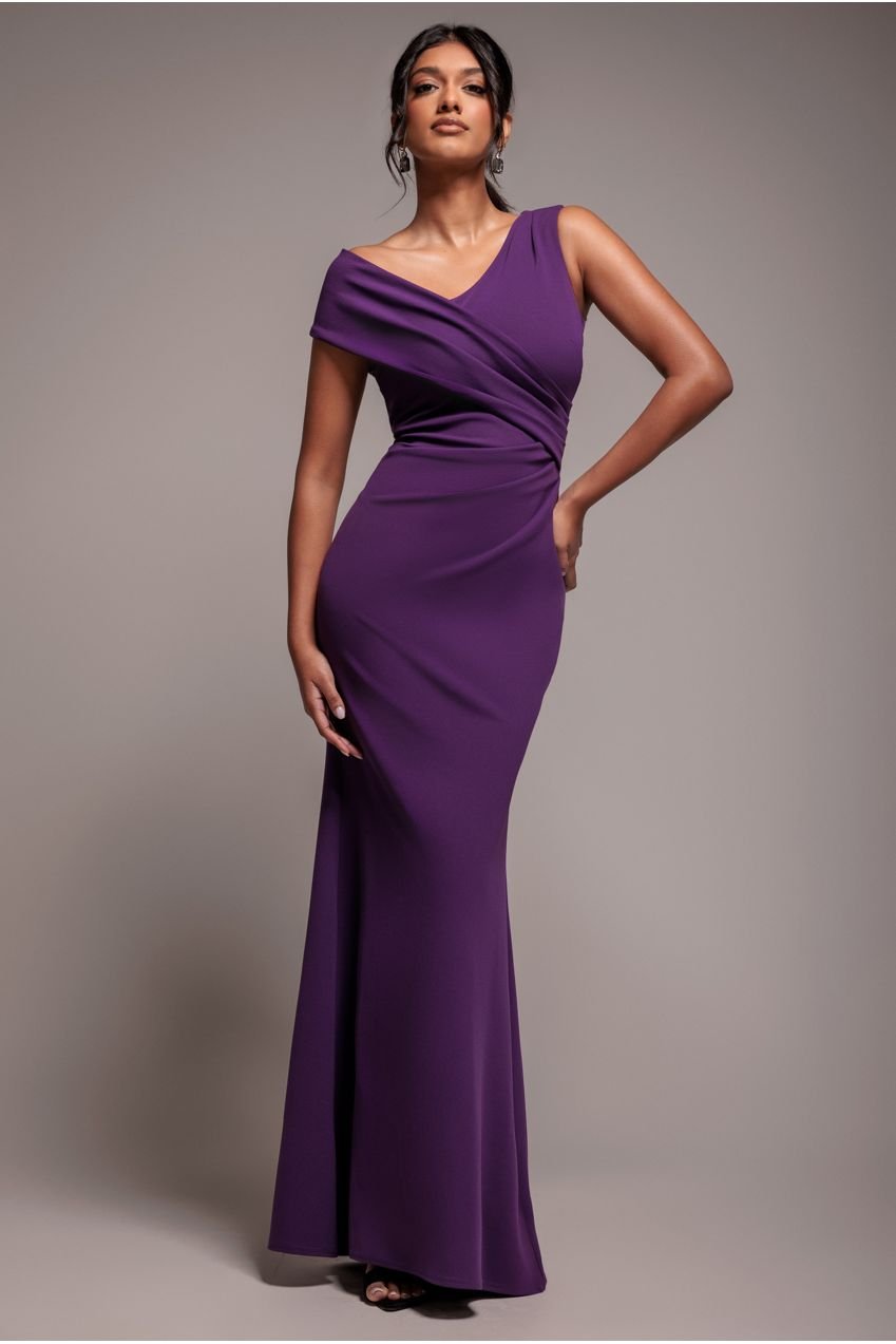Goddiva Scuba Crepe  Off The Shoulder Maxi – Purple