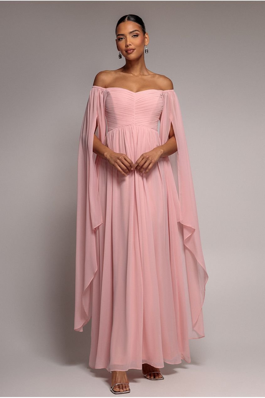 Goddiva Chiffon Off The Shoulder Maxi With Cape Sleeves  – Blush