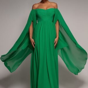 Goddiva Chiffon Off The Shoulder Maxi With Cape Sleeves - Green