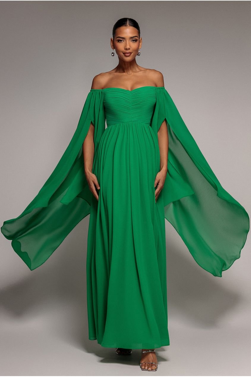 Goddiva Chiffon Off The Shoulder Maxi With Cape Sleeves – Green