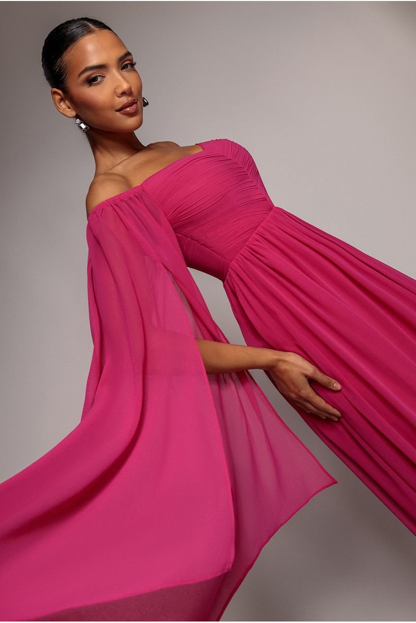 Goddiva Chiffon Off The Shoulder Maxi With Cape Sleeves  – Hot Pink