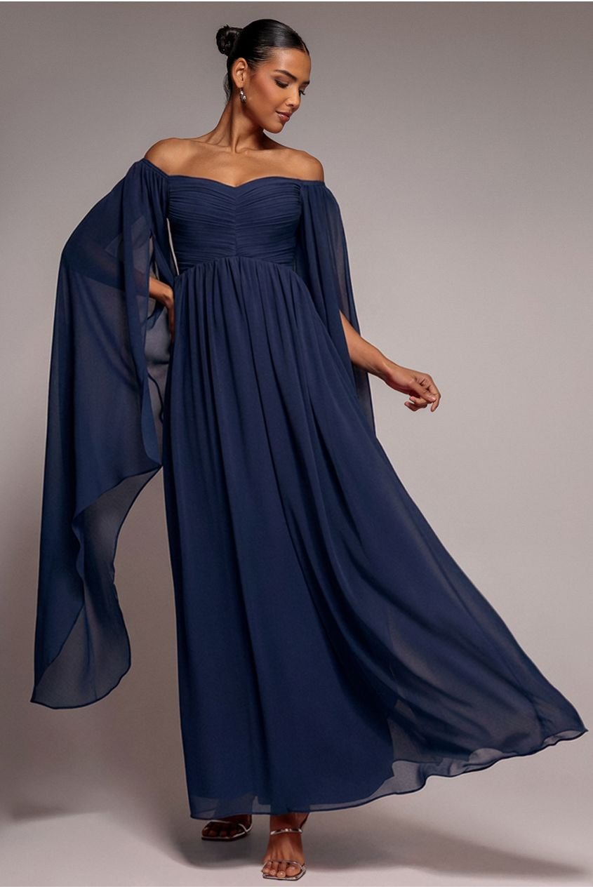 Goddiva Chiffon Off The Shoulder Maxi With Cape Sleeves  – Navy