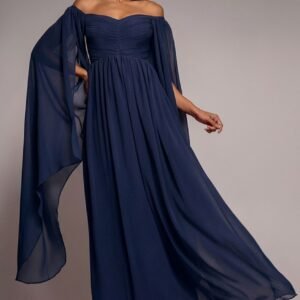 Goddiva Chiffon Off The Shoulder Maxi With Cape Sleeves  - Navy