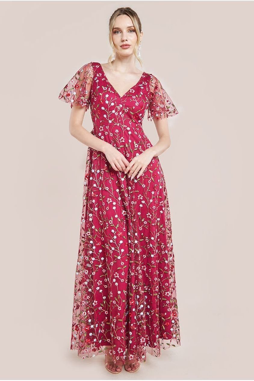 Goddiva Flutter Sleeve Floral Embroidered Maxi – Burgundy