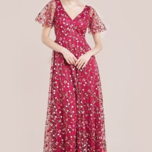 Goddiva Flutter Sleeve Floral Embroidered Maxi - Burgundy