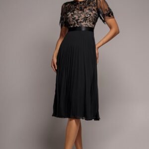 Goddiva Embroidered Top Chiffon Pleated Midi - Black
