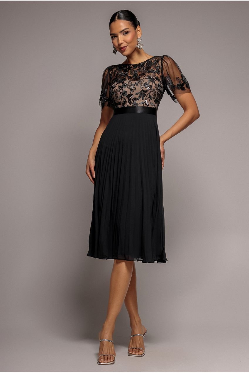 Goddiva Embroidered Top Chiffon Pleated Midi – Black
