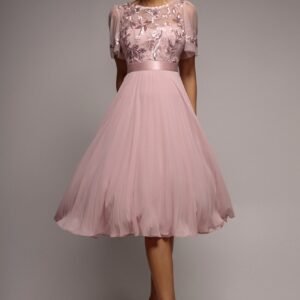 Goddiva Embroidered Top Chiffon Pleated Midi - Blush Pink