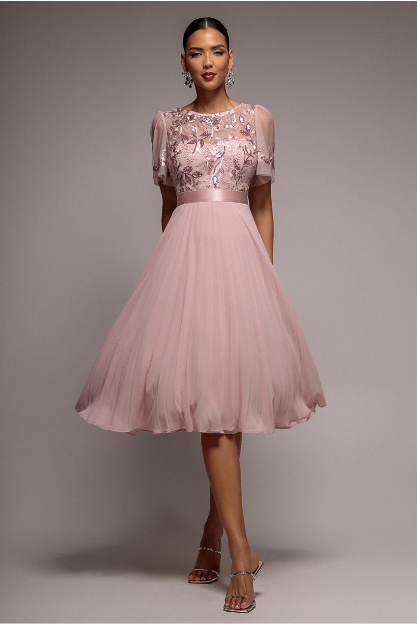 Goddiva Embroidered Top Chiffon Pleated Midi – Blush Pink