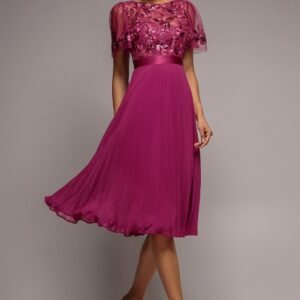 Goddiva Embroidered Top Chiffon Pleated Midi - Magenta