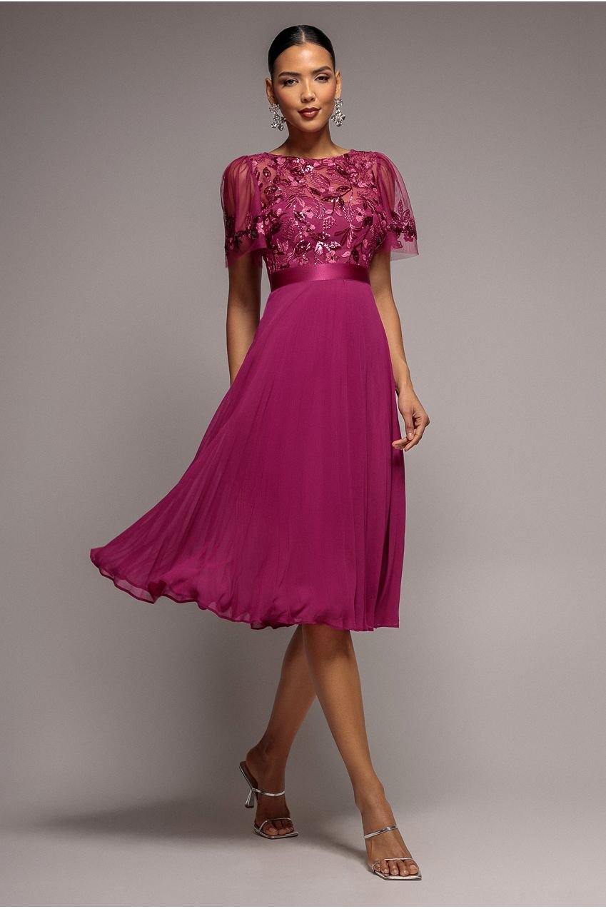 Goddiva Embroidered Top Chiffon Pleated Midi – Magenta