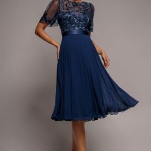Goddiva Embroidered Top Chiffon Pleated Midi - Navy Blue