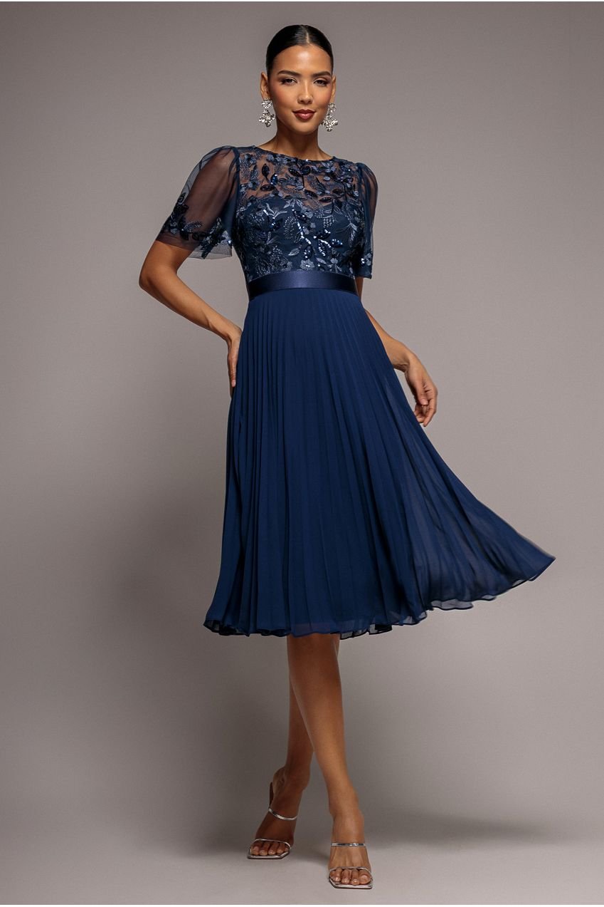 Goddiva Embroidered Top Chiffon Pleated Midi – Navy Blue