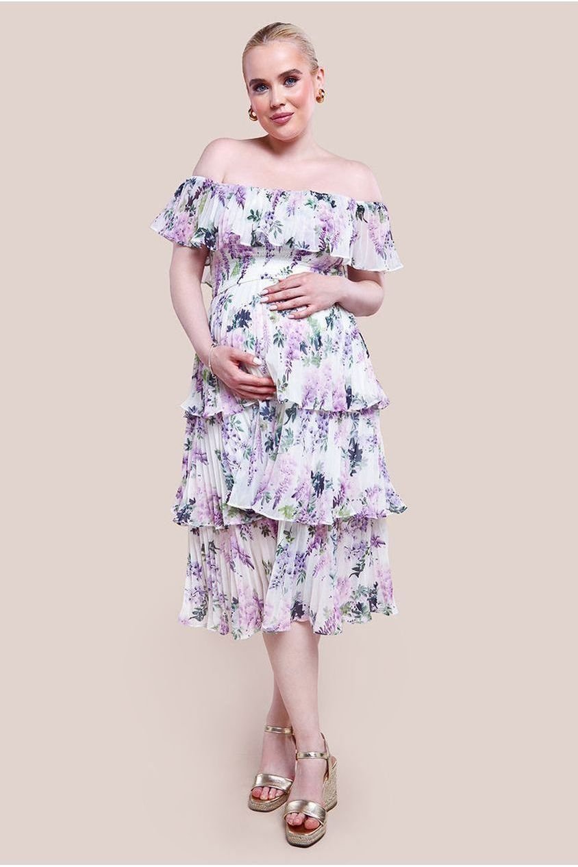 Goddiva Maternity Shirred Chiffon Floral Bardot Midi Dress – Multi