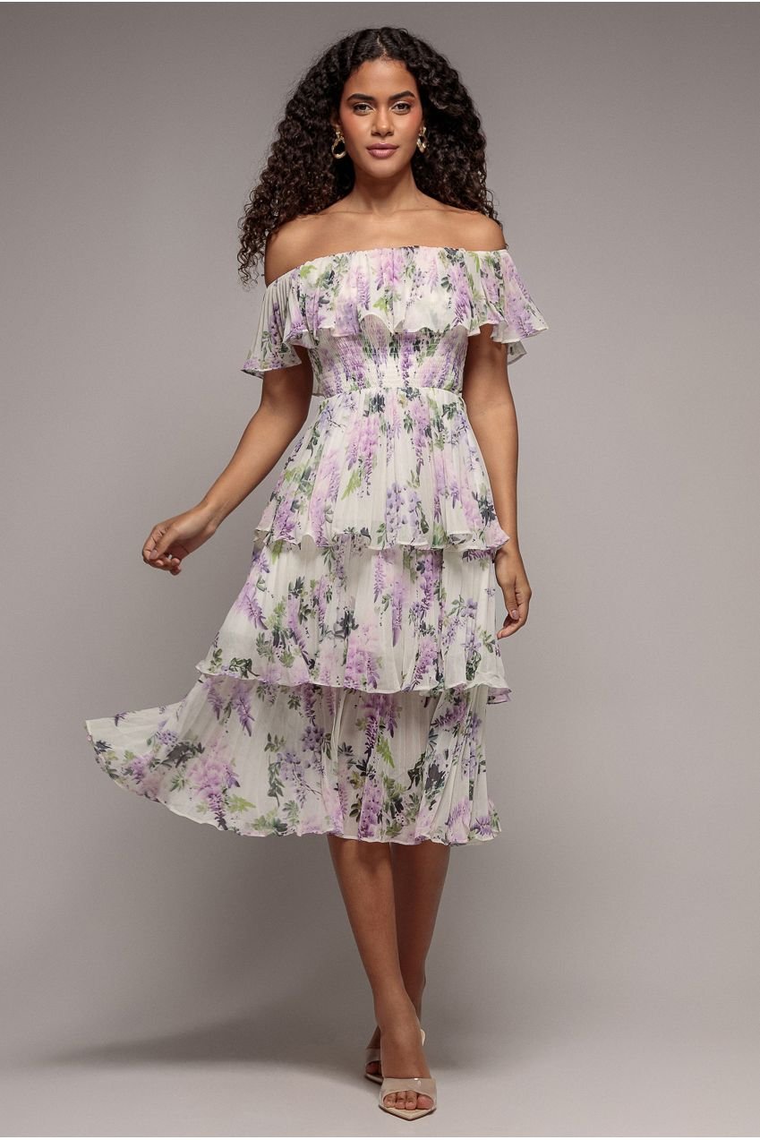 Goddiva Shirred Chiffon Floral Bardot Midi Dress – Multi