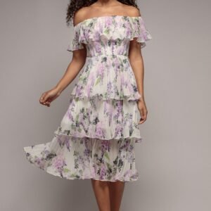 Goddiva Shirred Chiffon Floral Bardot Midi Dress - Multi