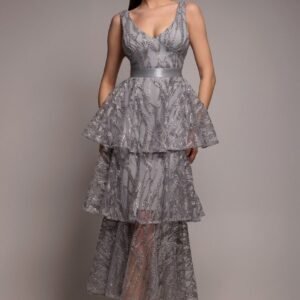 Goddiva Embroidered Mesh Tiered Midi Dress - Gray
