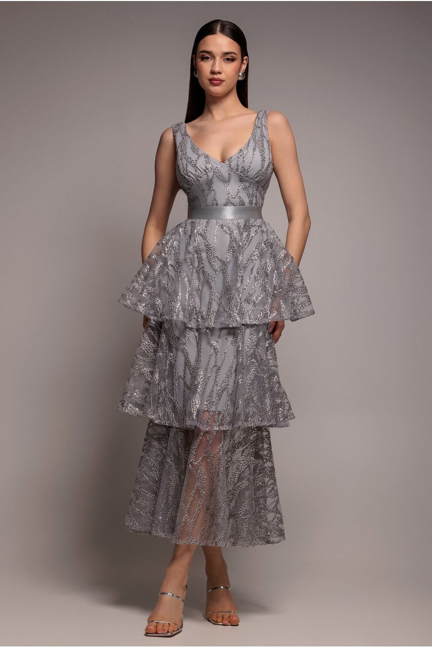 Goddiva Embroidered Mesh Tiered Midi Dress – Gray