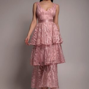 Goddiva Embroidered Mesh Tiered Midi Dress - Pink