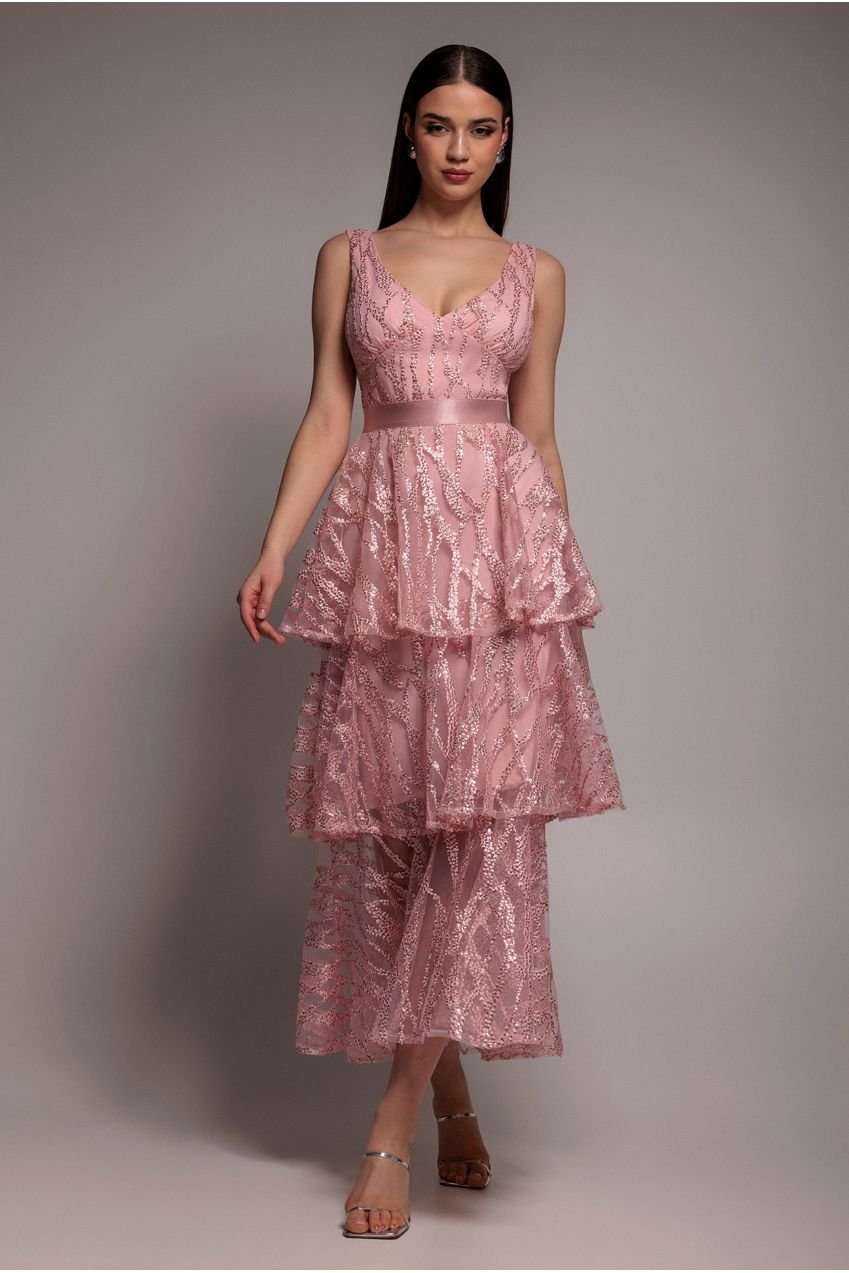 Goddiva Embroidered Mesh Tiered Midi Dress – Pink