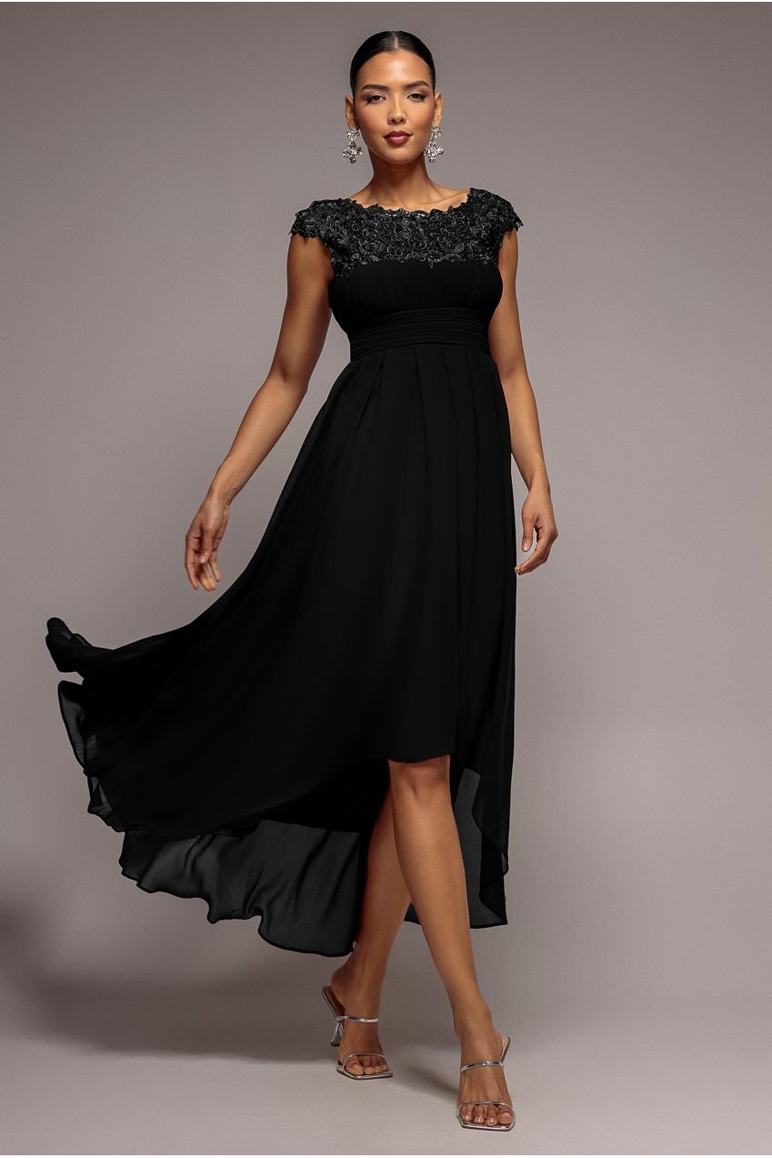 Goddiva Crochet & Pleated Top High Low Maxi – Black