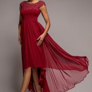 Goddiva Crochet & Pleated Top High Low Maxi - Burgundy