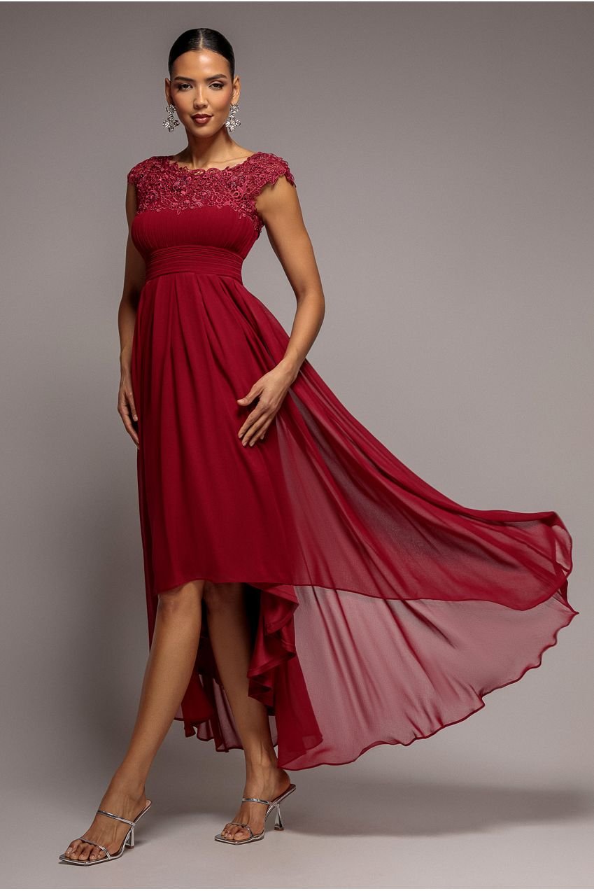 Goddiva Crochet & Pleated Top High Low Maxi – Burgundy