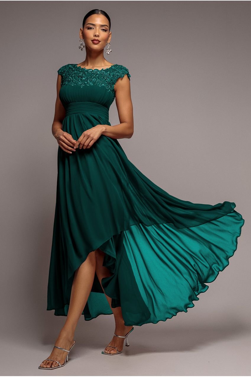 Goddiva Crochet & Pleated Top High Low Maxi – Emerald