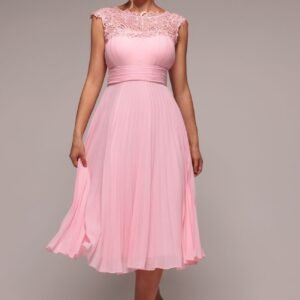 Goddiva Crochet & Pleated Top Midi Dress - Blush Pink