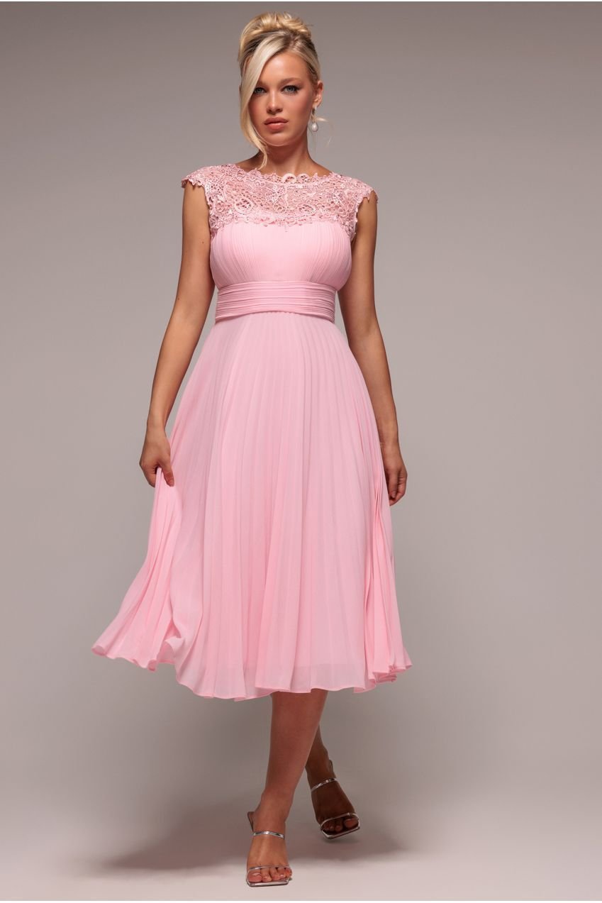 Goddiva Crochet & Pleated Top Midi Dress – Blush Pink