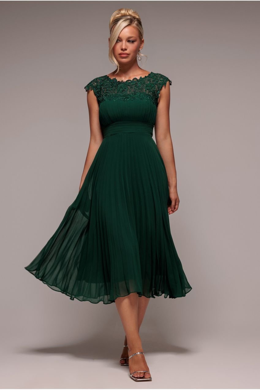 Goddiva Crochet & Pleated Top Midi – Emerald