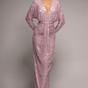 Goddiva Plunge V-Neck Sequin Maxi - Blush