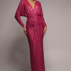 Goddiva Plunge V-Neck Sequin Maxi - Burgundy