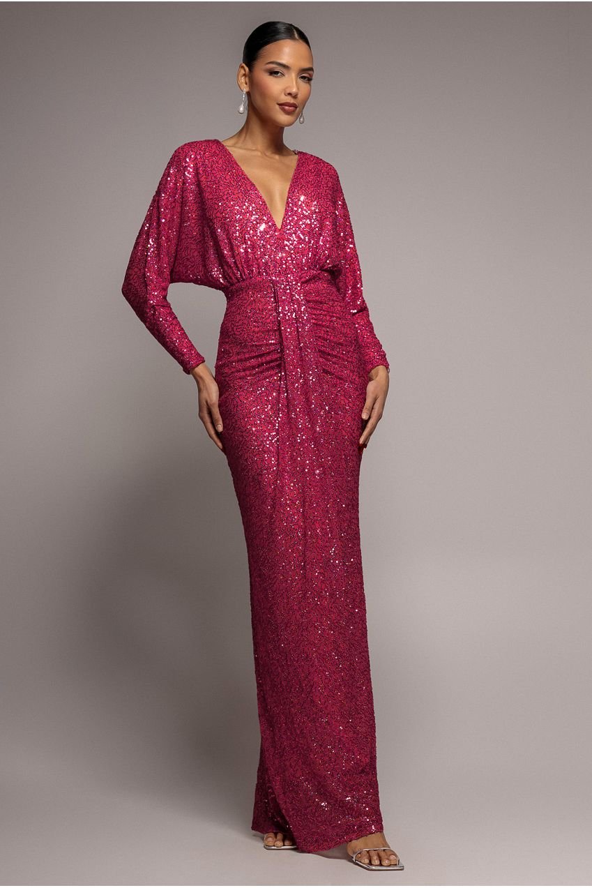 Goddiva Plunge V-Neck Sequin Maxi – Burgundy