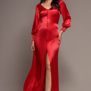 Goddiva Satin Viscose Front Split Maxi - Red