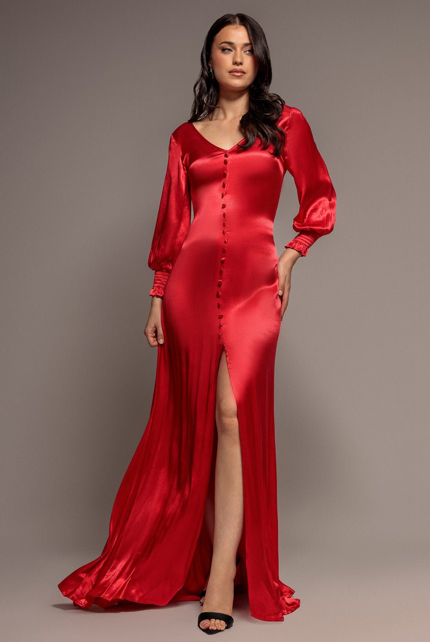 Goddiva Satin Viscose Front Split Maxi – Red
