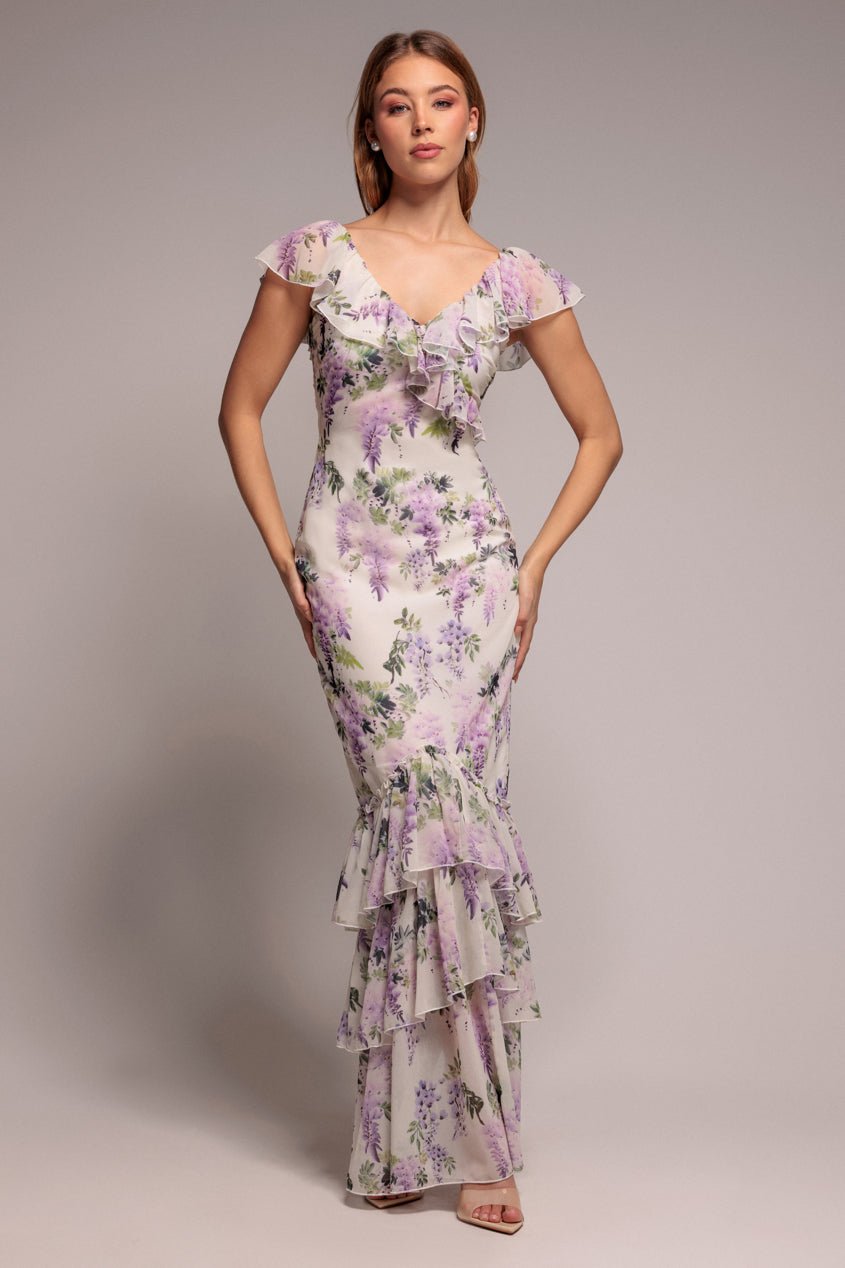 Goddiva Printed Ruffle Neck & Hem Dress – Multi