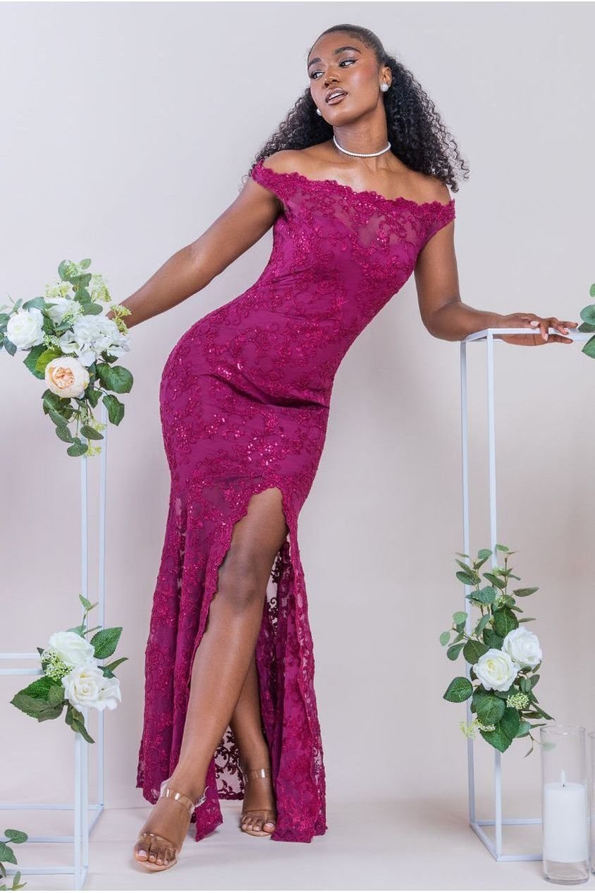 Goddiva Lace Scallop Edge Mermaid Maxi Dress – Burgundy